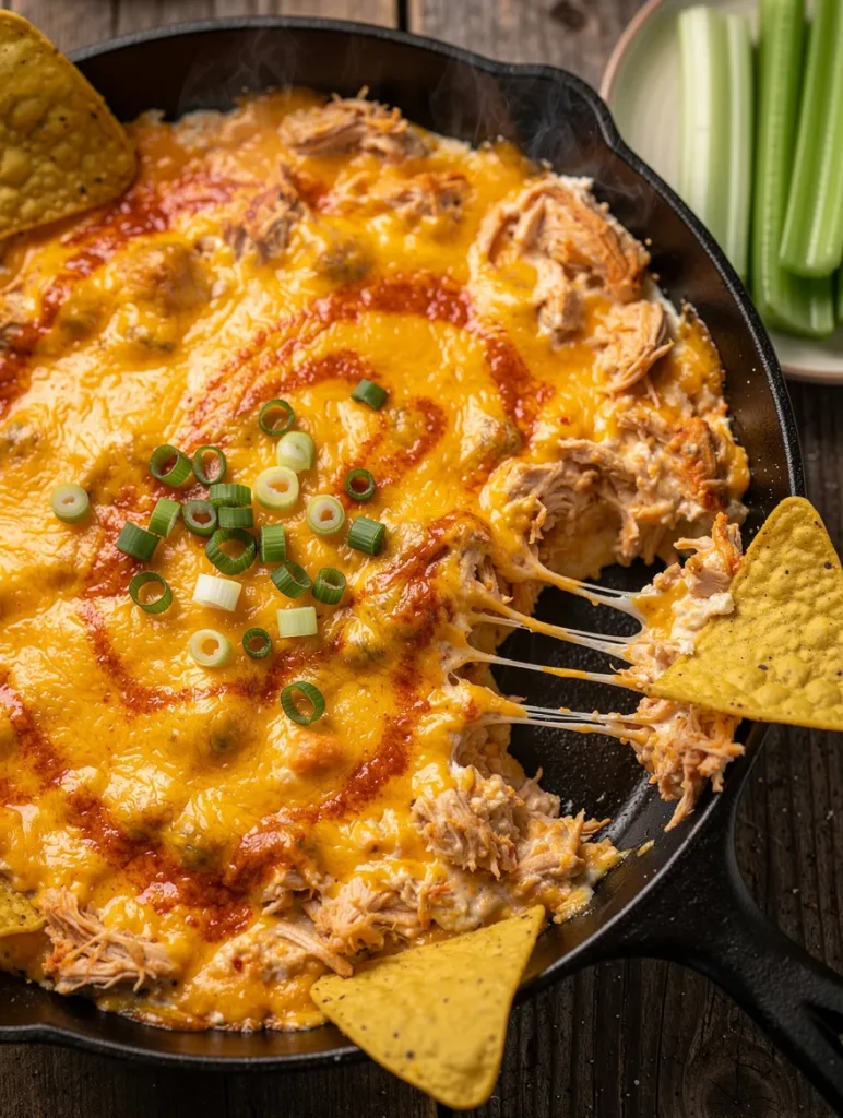 Cheesy smoked buffalo chicken dip in a cast iron skillet with tortilla chips and celery sticks