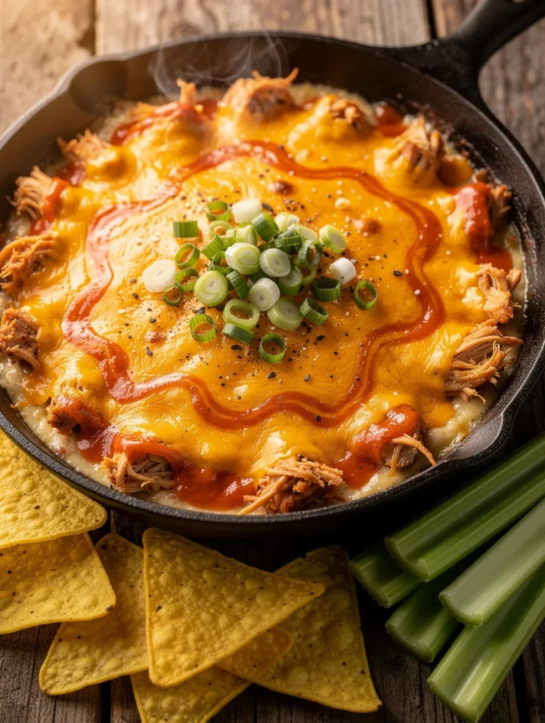 Hot smoked buffalo chicken dip with melted cheddar cheese in a cast iron skillet