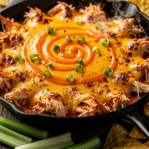 Smoked buffalo chicken dip with melted cheese and buffalo sauce in a cast iron skillet
