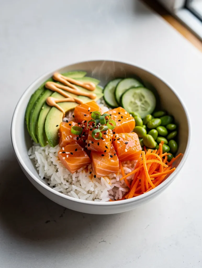 Fresh spicy salmon bowl with rice, avocado, cucumber, edamame, and sesame-topped salmon cubes.