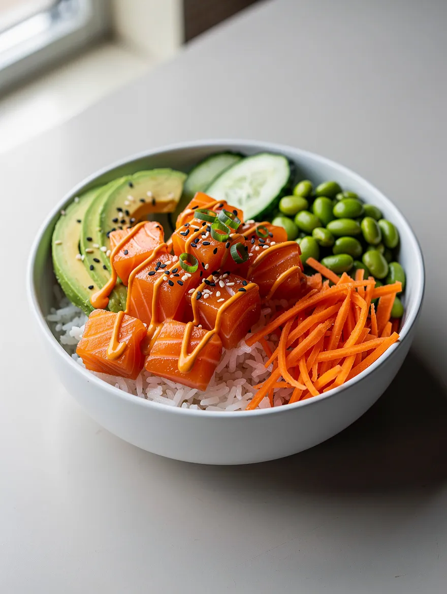 Spicy salmon bowl with sushi rice, avocado, edamame, cucumber, and shredded carrots.