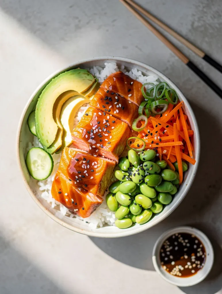 Sticky miso salmon bowl with avocado, edamame, carrots, cucumber, and rice topped with sesame seeds.