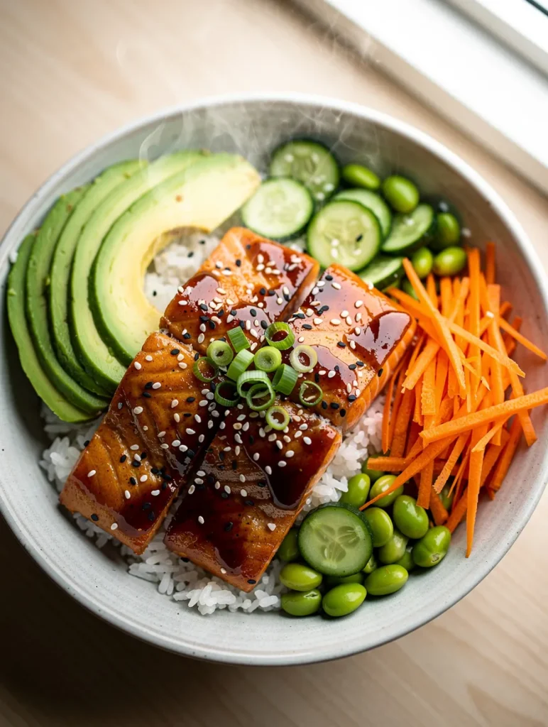 Sticky miso salmon bowl with avocado, cucumber, edamame, carrots, and rice topped with sesame seeds and green onions.