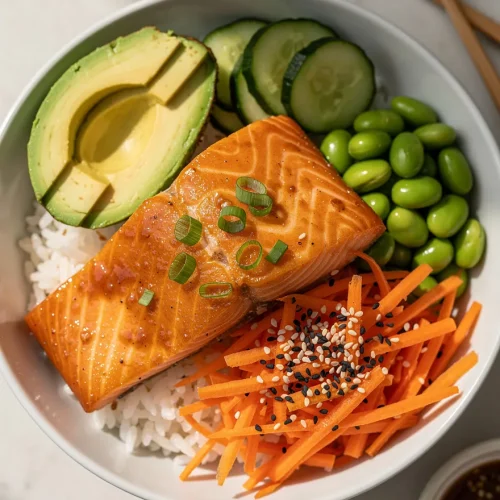 Sticky miso salmon bowl with rice, avocado, cucumber, edamame, shredded carrots, and sesame seeds.