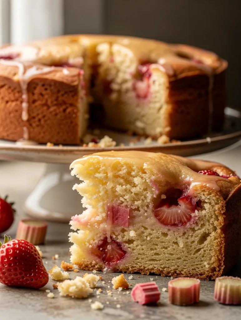 Close-up slice of strawberry rhubarb cake with glaze and fresh fruit