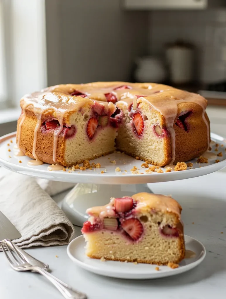 Strawberry rhubarb cake with glaze on stand and sliced piece