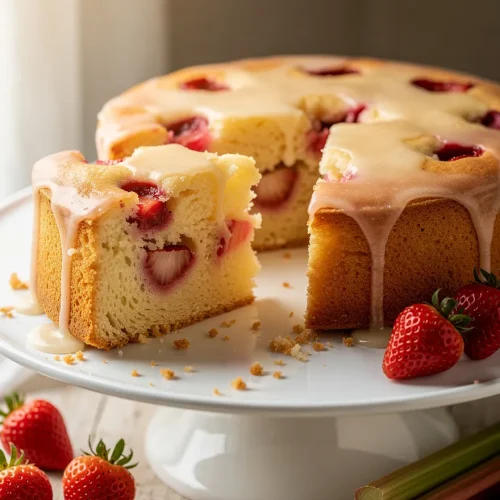 Strawberry rhubarb cake with glaze and fresh strawberries on cake stand