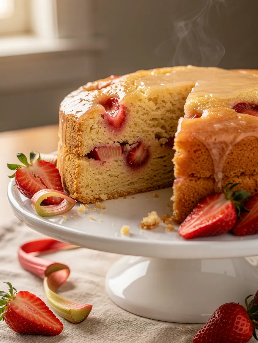 Moist strawberry rhubarb cake slice with glaze on a cake stand