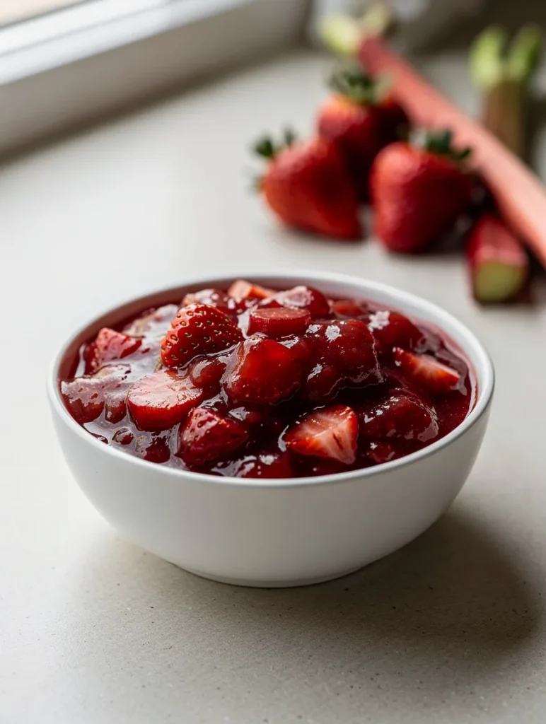 Homemade strawberry rhubarb sauce in a white bowl
