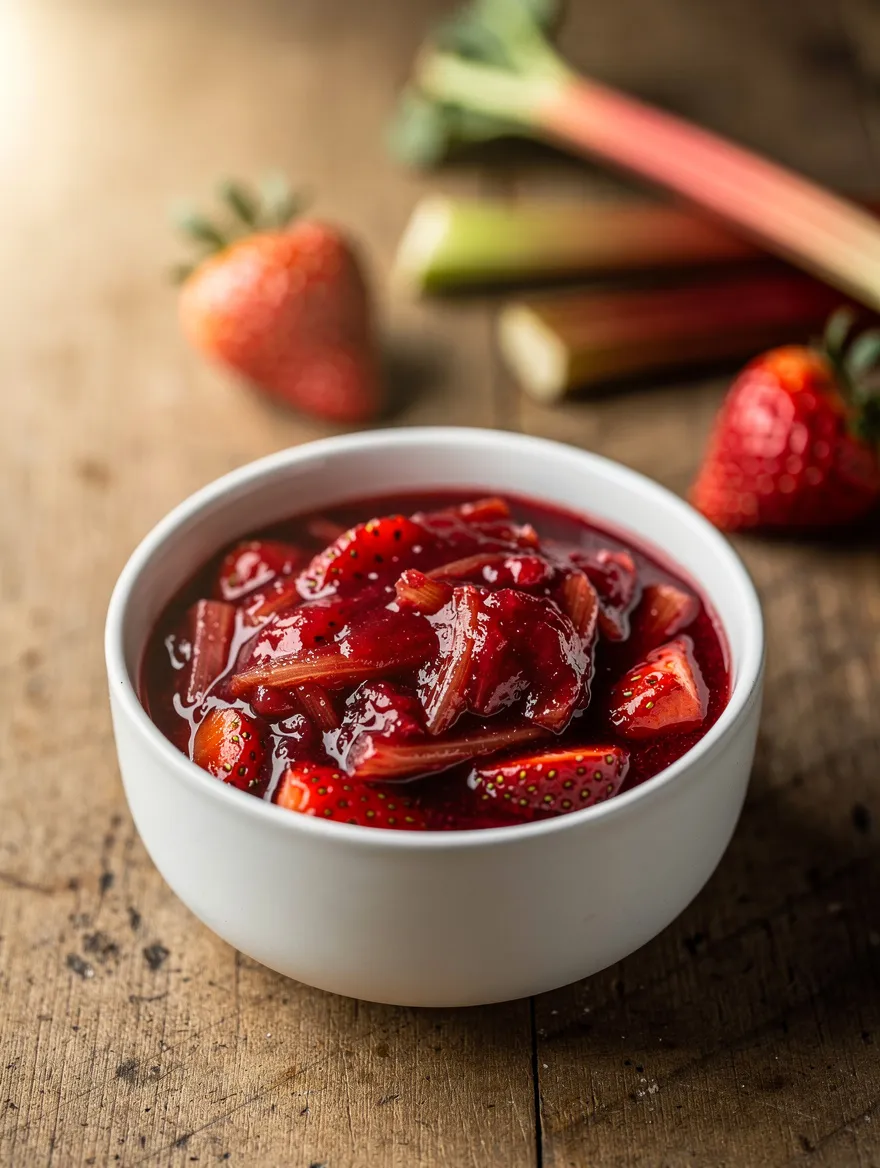 Strawberry rhubarb sauce in a bowl with fresh fruit