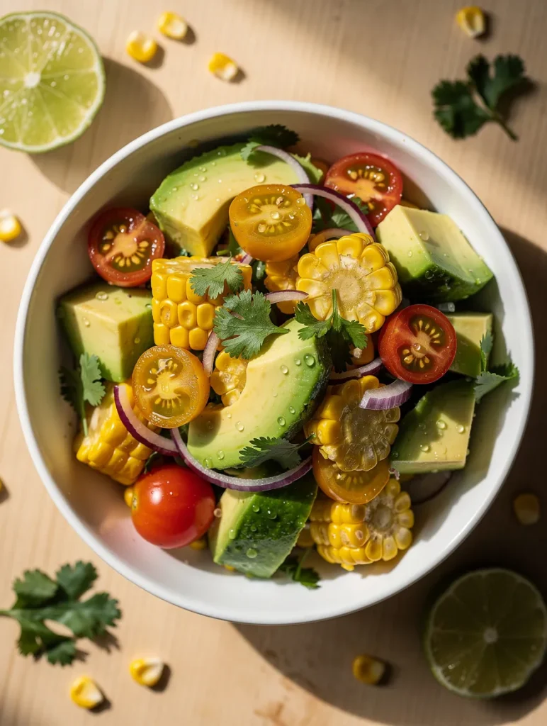 Summer corn salad with avocado, cherry tomatoes, lime, and cilantro