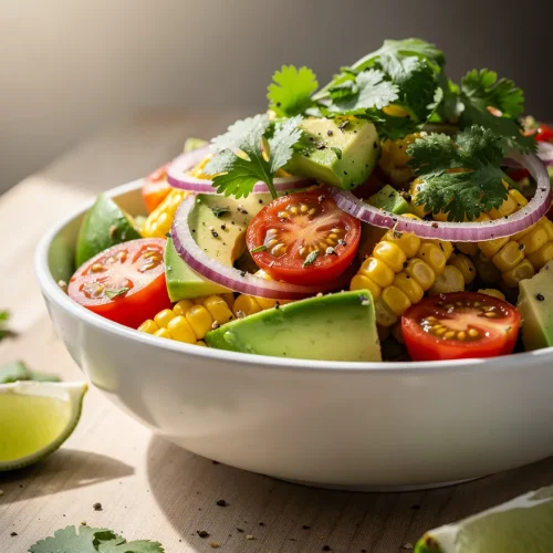 Summer corn salad with avocado, tomatoes, cilantro, and lime wedges