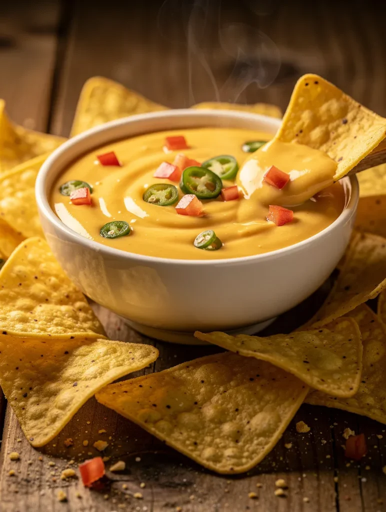 Hot Velveeta queso dip with jalapeños and tomatoes, served with tortilla chips