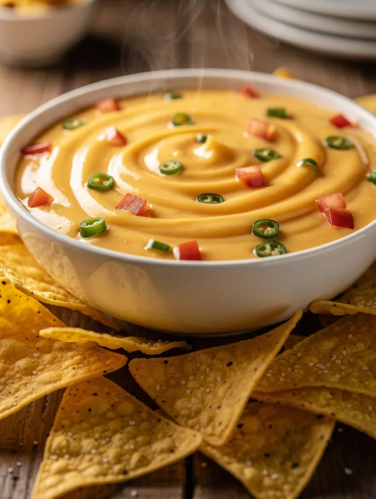 Steaming Velveeta queso dip topped with jalapeños and diced tomatoes, served with tortilla chips
