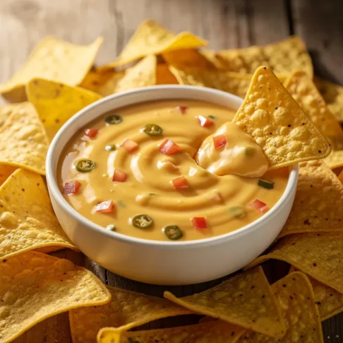 Creamy Velveeta queso dip with jalapeños and tomatoes, served with tortilla chips