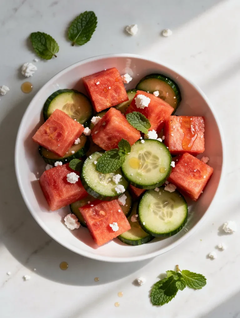 Watermelon cucumber salad with feta, mint, and honey drizzle in a white bowl