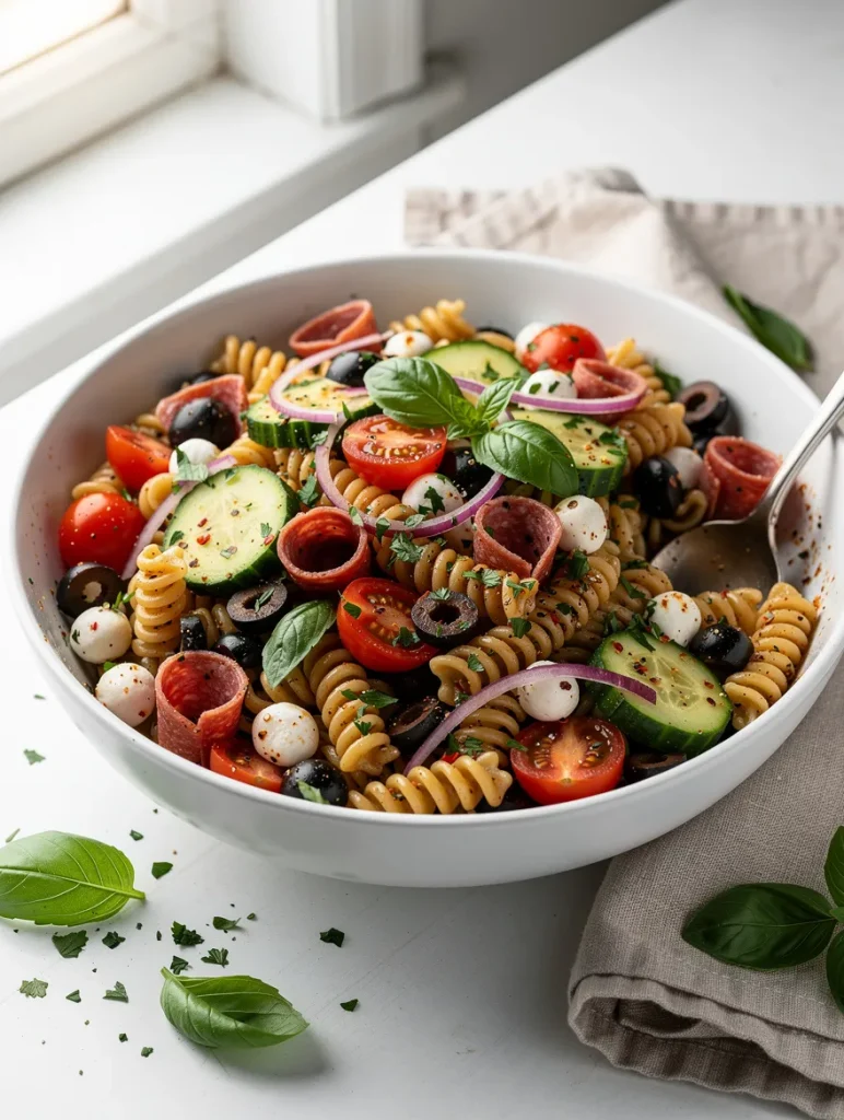 Zesty Italian pasta salad with rotini pasta, salami, cucumbers, cherry tomatoes, mozzarella pearls, olives, and basil in a white bowl.