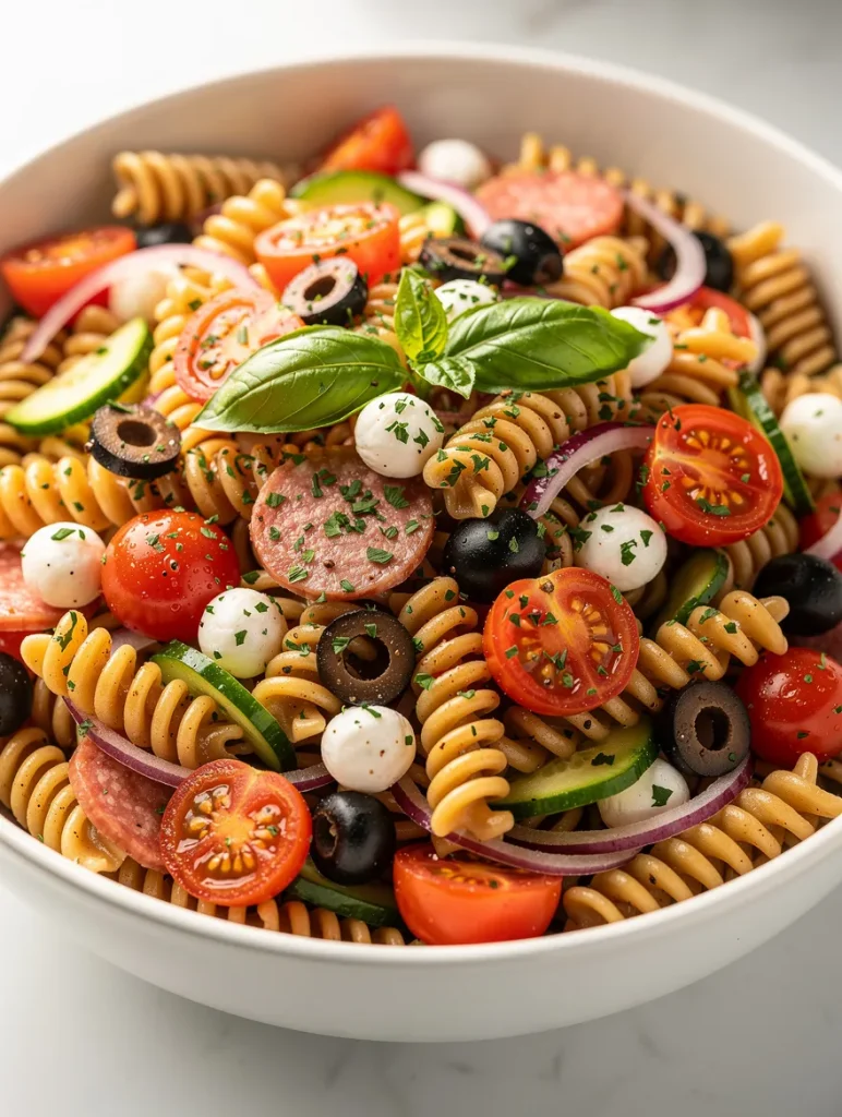 Close-up zesty Italian pasta salad with rotini pasta, salami, mozzarella pearls, olives, cucumbers, cherry tomatoes, and basil.