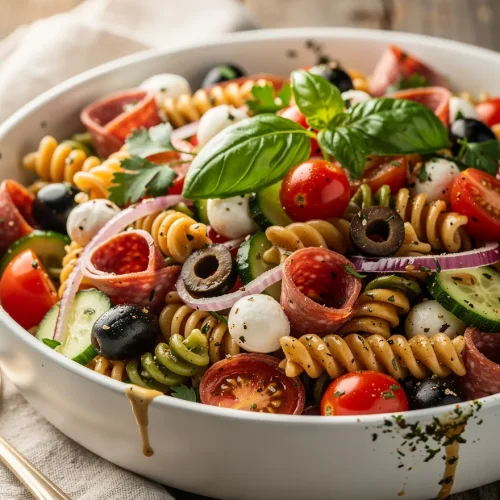 Zesty Italian pasta salad recipe with tri-color rotini, salami, mozzarella pearls, olives, cucumbers, cherry tomatoes, and basil.