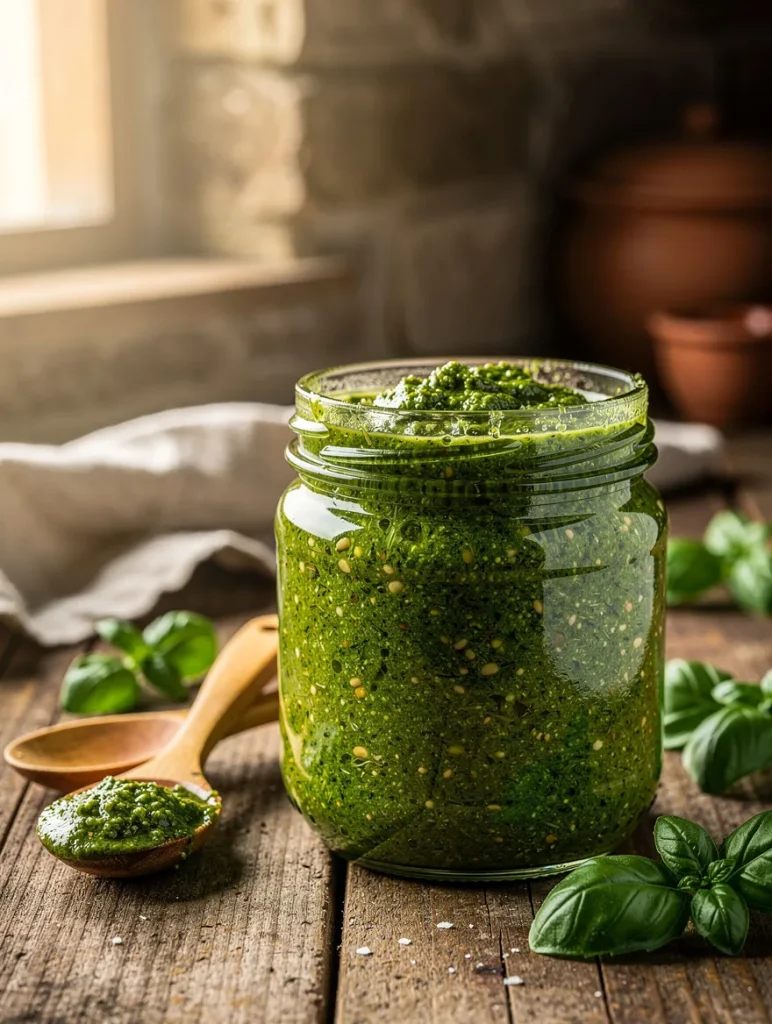 Fresh homemade basil pesto in a glass jar with a wooden spoon, surrounded by basil leaves on a rustic wooden table in a cozy kitchen setting.