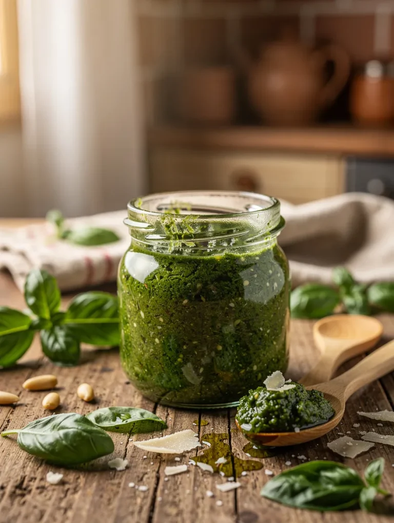 Homemade basil pesto stored in a glass jar with a wooden spoon, surrounded by fresh basil leaves, pine nuts, Parmesan cheese, and olive oil on a rustic wooden table.
