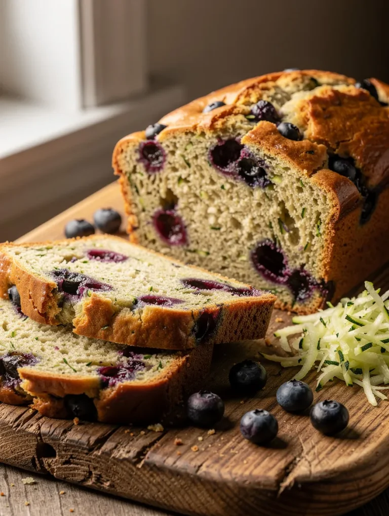 Blueberry zucchini bread loaf sliced on a rustic wooden board, filled with fresh blueberries and shredded zucchini for a moist homemade quick bread.