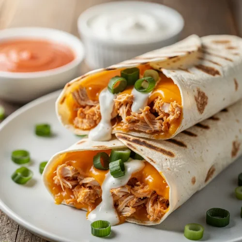 Buffalo chicken dip wraps with shredded chicken, melted cheese, ranch drizzle, and green onions served on a white plate.