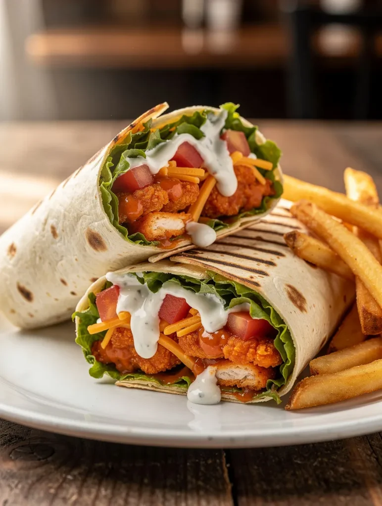 Cheddar’s buffalo chicken wrap served with French fries, featuring crispy buffalo chicken, lettuce, tomatoes, cheddar cheese, and ranch dressing in a grilled tortilla.