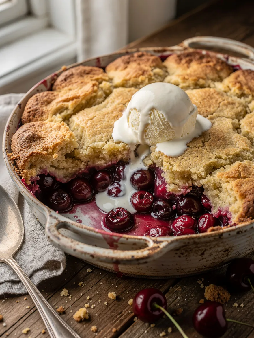 Cherry cobbler topped with vanilla ice cream in a rustic baking dish, featuring juicy cherries and a golden biscuit crust.