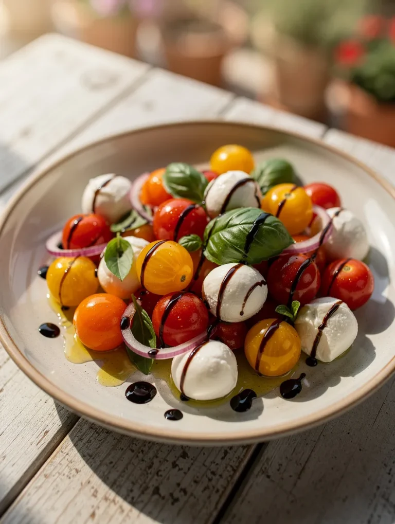 Cherry tomato salad with red and yellow cherry tomatoes, fresh mozzarella balls, basil leaves, red onion slices, olive oil, and balsamic glaze served in a rustic bowl.