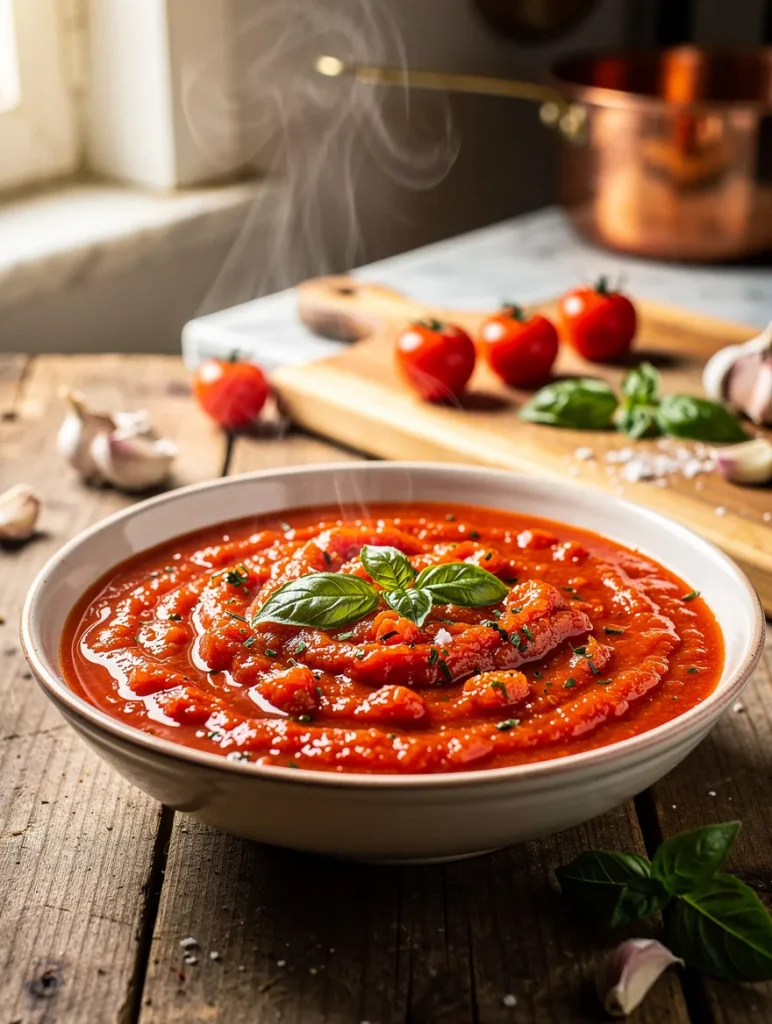 Rustic cherry tomato sauce in a bowl, garnished with fresh basil and garlic, served steaming hot on a wooden table with fresh tomatoes and herbs.