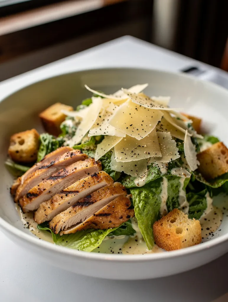 Chicken Caesar salad with grilled chicken, romaine lettuce, shaved Parmesan cheese, croutons, and creamy Caesar dressing in a white bowl.