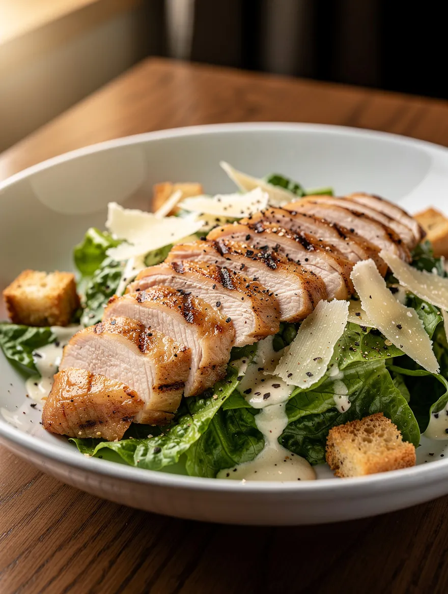 Chicken Caesar salad with grilled chicken breast, romaine lettuce, Parmesan cheese, croutons, and creamy Caesar dressing.