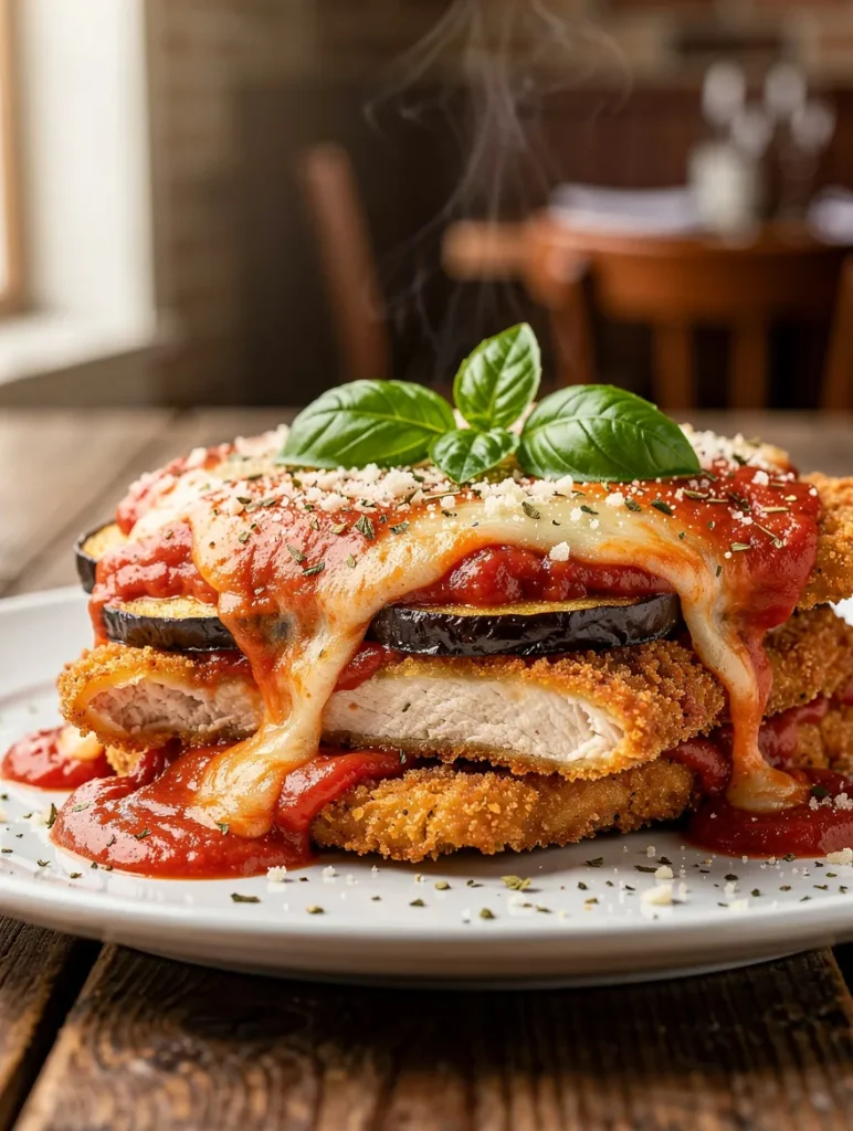 Chicken eggplant parmesan with crispy breaded chicken, layered eggplant, marinara sauce, melted mozzarella cheese, and fresh basil garnish.