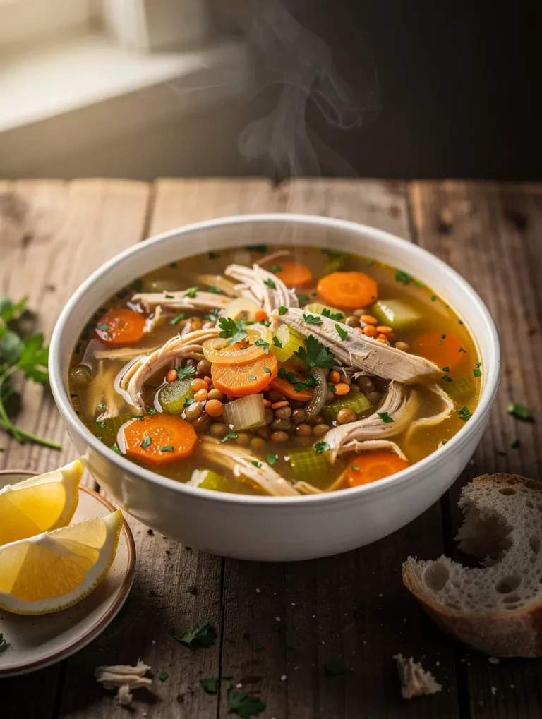Chicken lentil soup with shredded chicken, lentils, carrots, celery, and herbs served in a bowl with lemon wedges and rustic bread.