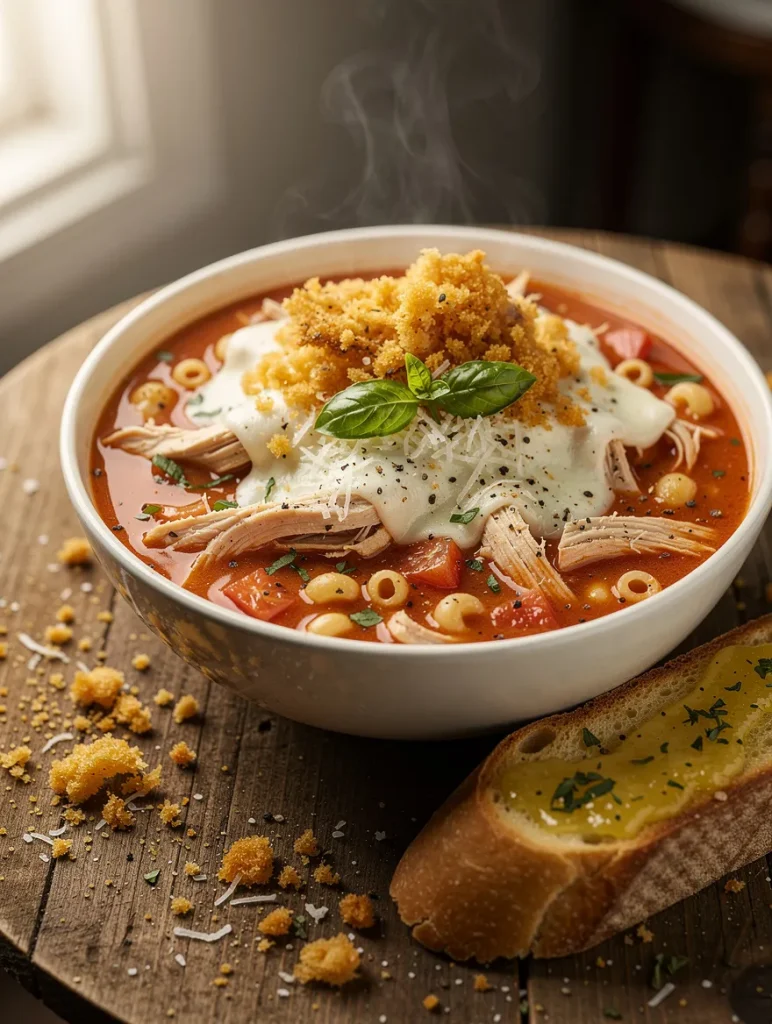 Chicken Parmesan soup with shredded chicken, ditalini pasta, tomato broth, melted mozzarella, grated Parmesan, crispy toasted breadcrumbs, fresh basil, and garlic bread.