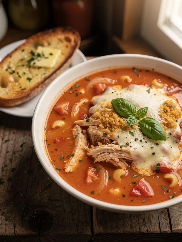 Chicken Parmesan soup with shredded chicken, elbow pasta, tomato broth, melted mozzarella, grated Parmesan, toasted breadcrumbs, fresh basil, and garlic bread on the side.