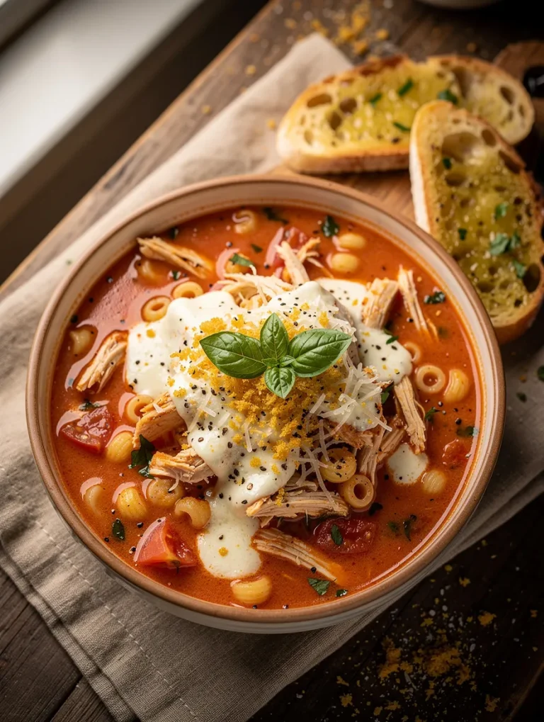 Creamy Chicken Parmesan Soup with shredded chicken, ditalini pasta, tomato broth, melted mozzarella, grated Parmesan, fresh basil, and garlic bread on the side.