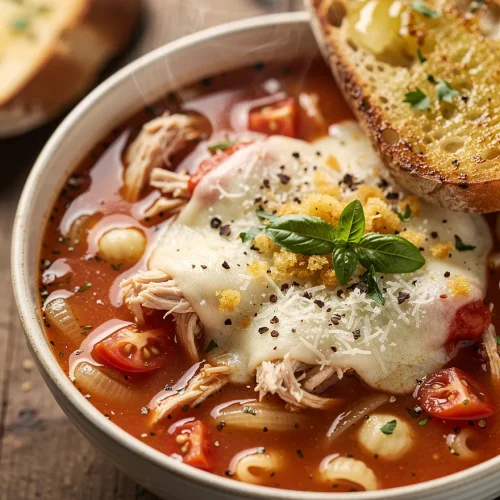 Chicken Parmesan soup with shredded chicken, elbow pasta, tomato broth, melted mozzarella, grated Parmesan, toasted breadcrumbs, fresh basil, cherry tomatoes, and garlic bread.