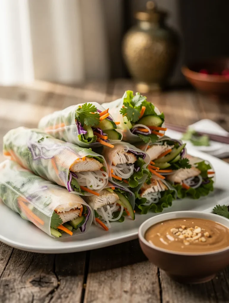 Fresh chicken spring rolls filled with chicken, rice noodles, cucumber, carrots, purple cabbage, and lettuce, served with creamy peanut dipping sauce on a white plate.