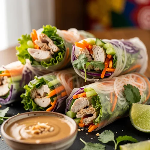 Fresh chicken spring rolls filled with sliced chicken, rice noodles, cucumber, carrots, purple cabbage, and lettuce, served with creamy peanut dipping sauce and lime wedges.
