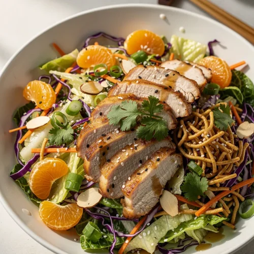 Chinese chicken salad with sliced grilled chicken, crunchy chow mein noodles, mandarin oranges, romaine lettuce, purple cabbage, carrots, almonds, sesame seeds, cilantro, and sesame ginger dressing.