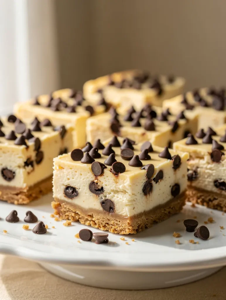 Chocolate chip cheesecake bars with a graham cracker crust, creamy cheesecake filling, and mini chocolate chips on a white serving platter.