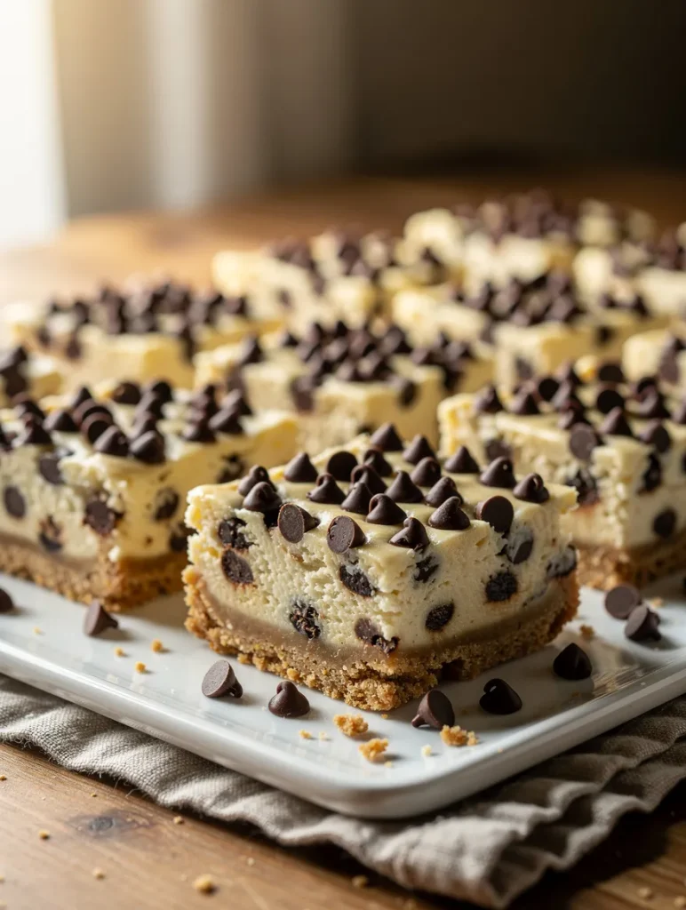 Chocolate chip cheesecake bars with mini chocolate chips and a graham cracker crust arranged on a white platter.