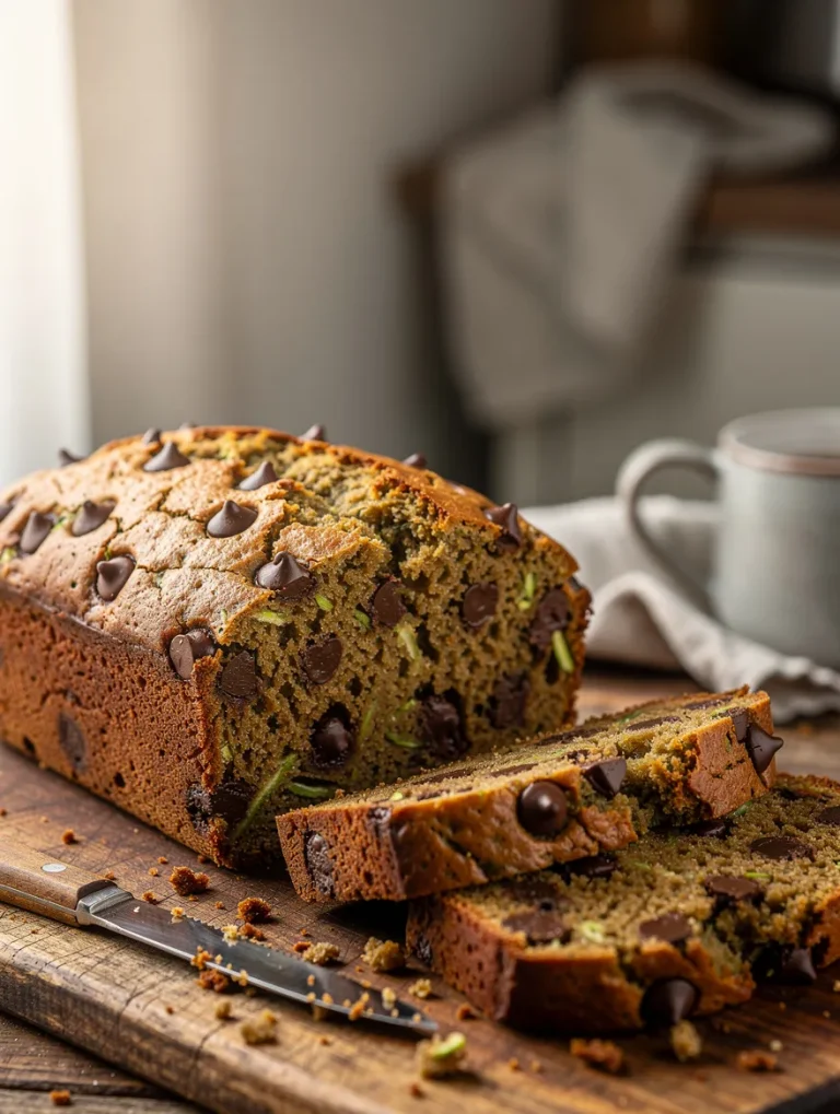 Chocolate chip zucchini bread loaf sliced on a wooden cutting board, packed with melted chocolate chips and shredded zucchini.