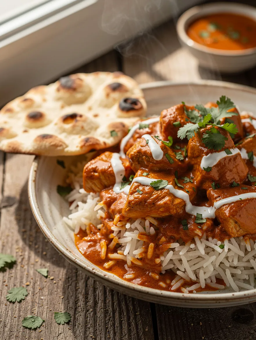 Creamy crockpot butter chicken served over fluffy basmati rice with a drizzle of yogurt, fresh cilantro, and warm naan bread on the side.