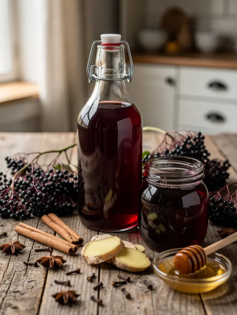 Homemade elderberry syrup in a glass bottle and jar with dried elderberries, fresh ginger, cinnamon sticks, cloves, star anise, and honey on a rustic wooden table.