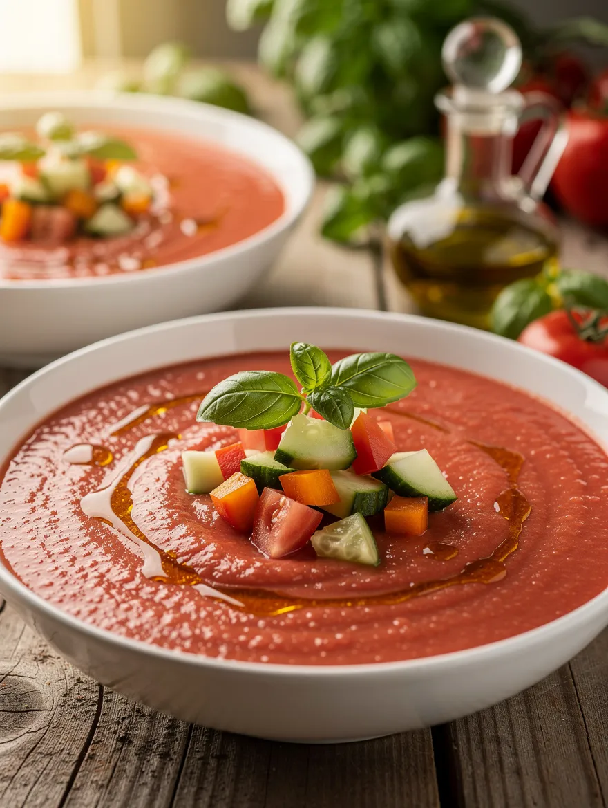 Creamy homemade gazpacho served in white bowls and topped with diced cucumber, tomatoes, bell peppers, fresh basil, and a drizzle of olive oil.