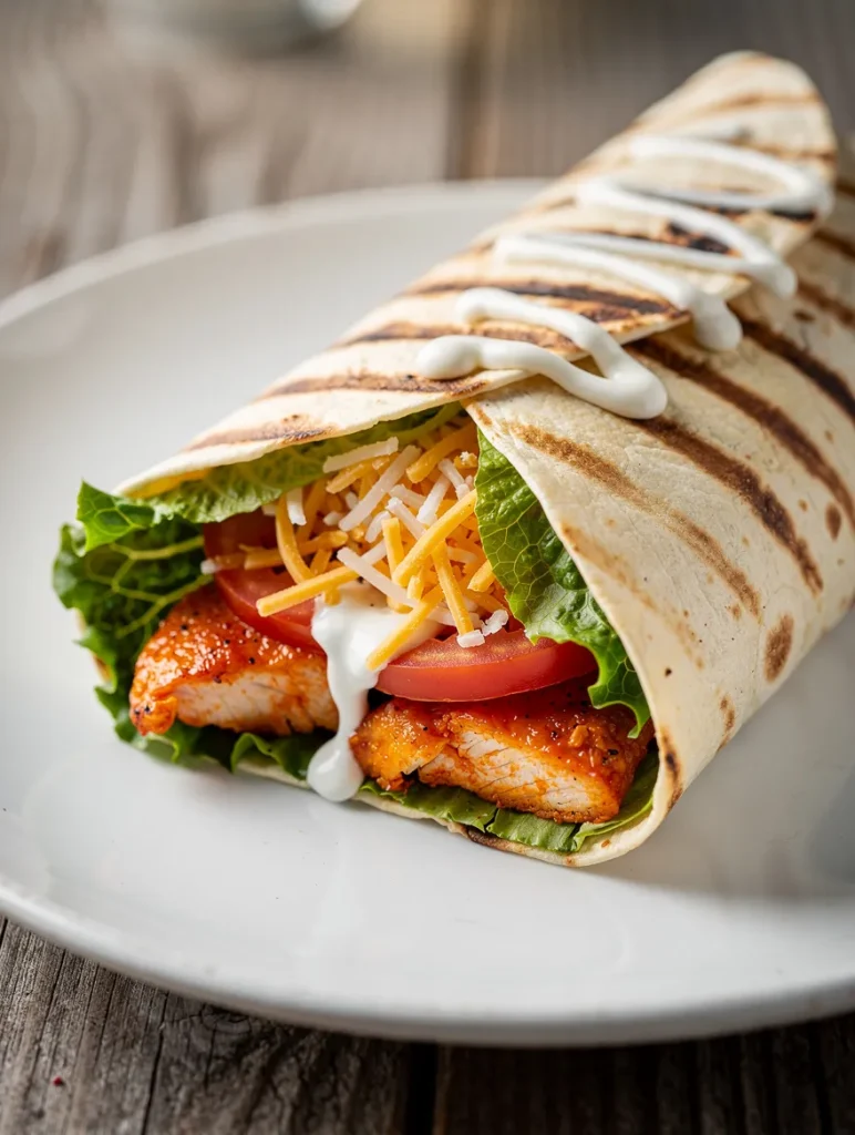 Grilled buffalo chicken wrap filled with buffalo chicken, lettuce, tomatoes, shredded cheese, and ranch dressing on a white plate.
