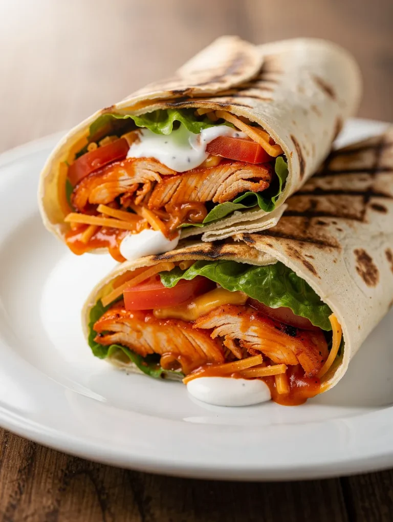 Grilled buffalo chicken wrap filled with sliced chicken, lettuce, tomatoes, cheddar cheese, buffalo sauce, and ranch dressing on a white plate.